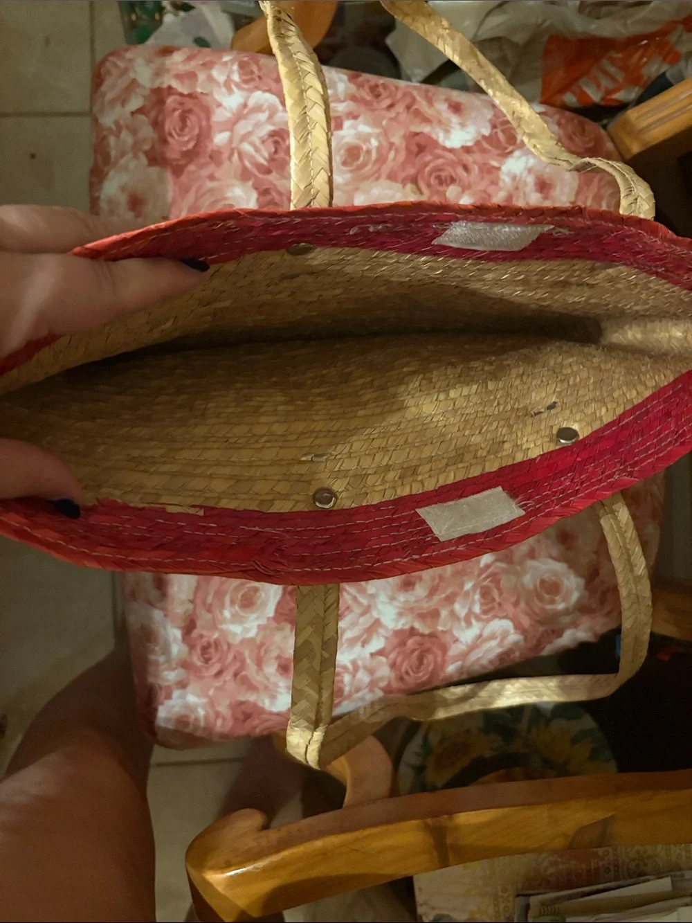 Handwoven Straw Tote Bag with Red Accent and Floral Detail